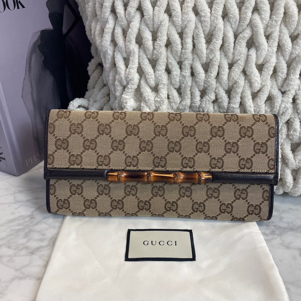 Gucci Brown GG Canvas Bamboo-Trim Clutch